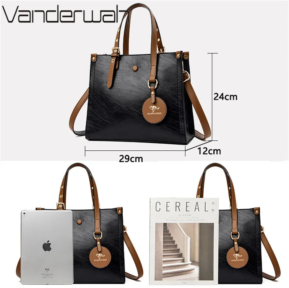 Vintage Leather Tote Bag for Women – 3-Layer Luxury Handbag