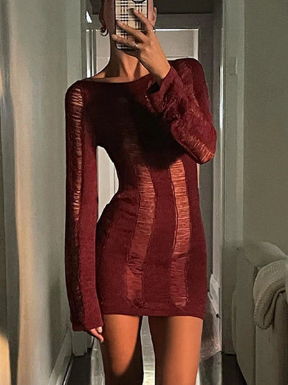 Knitted Cutout Mini Dress – Long Sleeve Sheer Bodycon