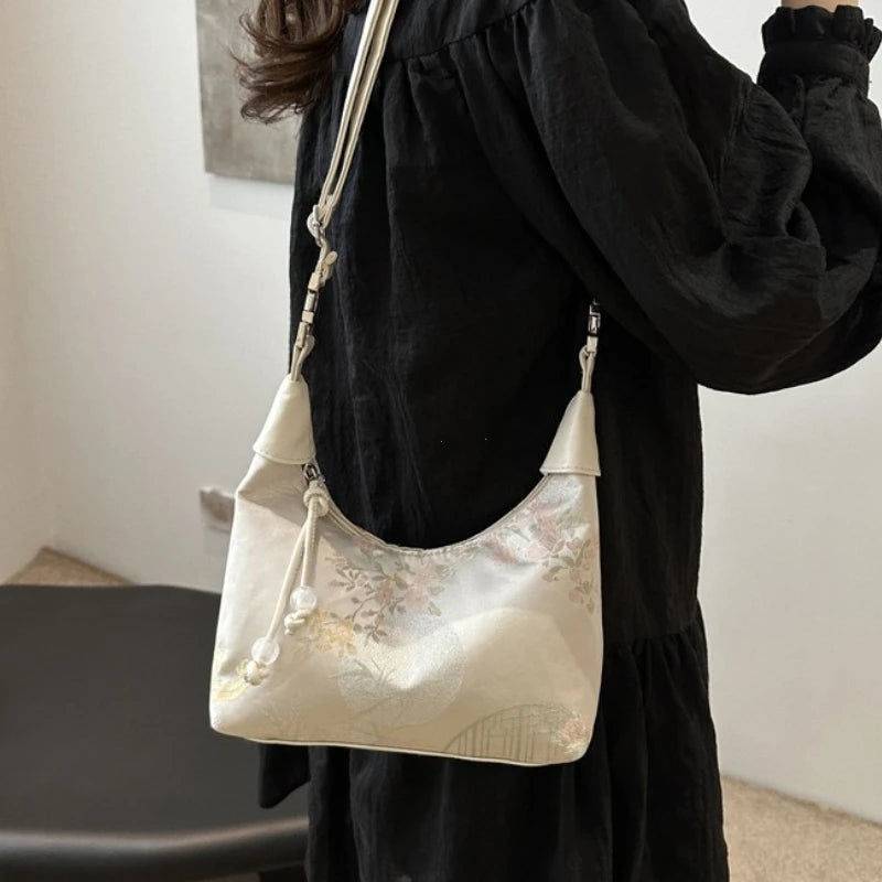 Sweet Embroidery Shoulder Bag Pearl Nylon Texture