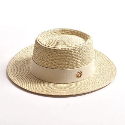 Women's Straw Sun Hat Flat Brim Ribbon Beach Hat