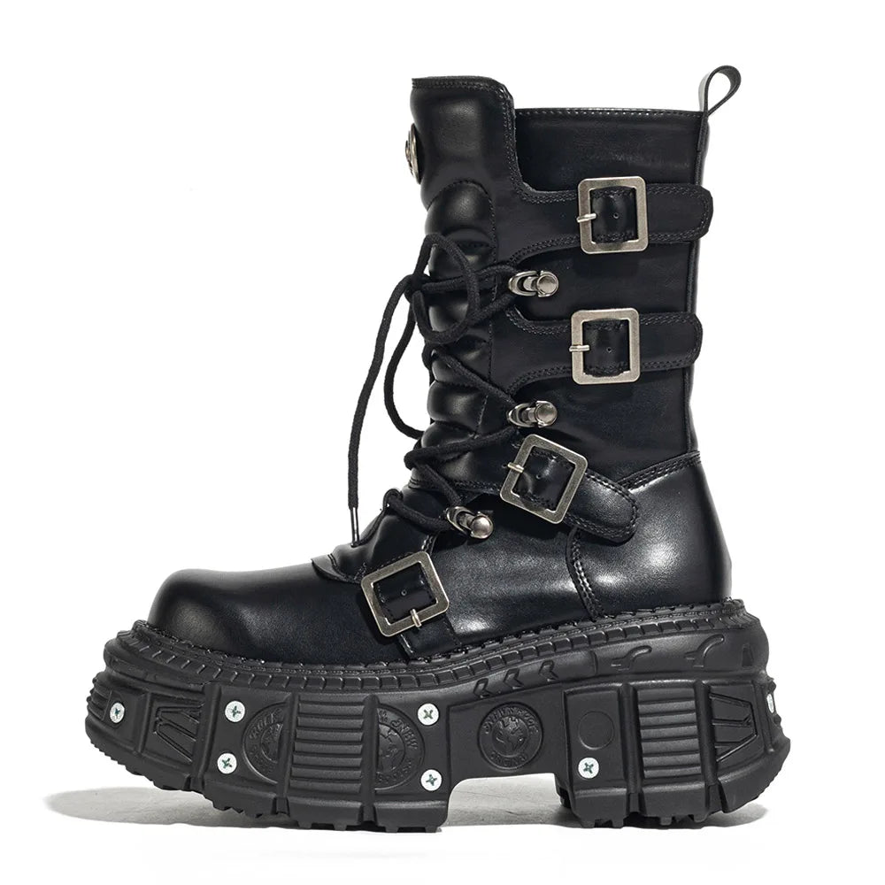 Punk Style Women Shoes Lace-Up Platform Woman Rock Boots Metal Decor Thick Bottom Street Shot Knight