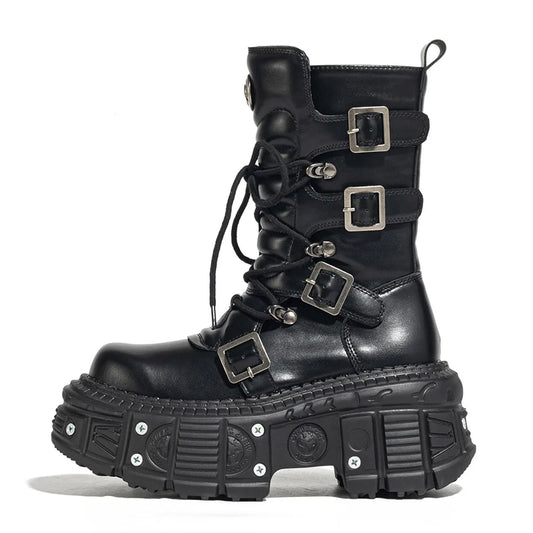 Punk Style Women Shoes Lace-Up Platform Woman Rock Boots Metal Decor Thick Bottom Street Shot Knight