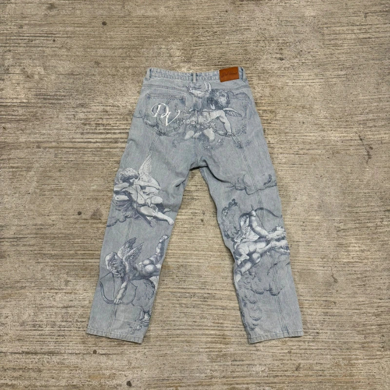 Angel Print Baggy Jeans – Y2K Cupid Graphic Streetwear Denim