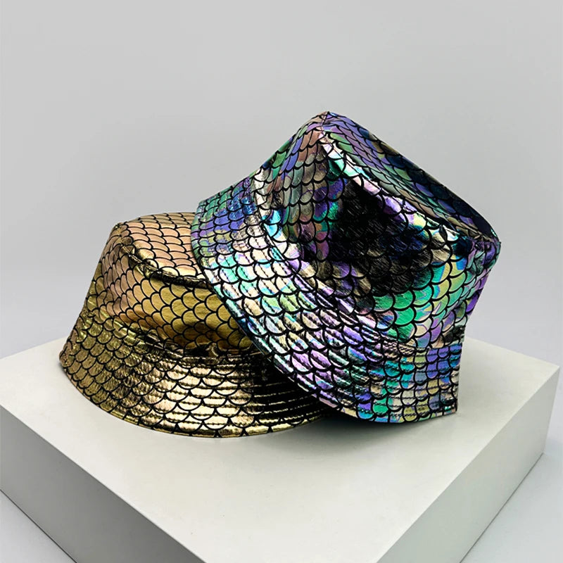 Holographic PU Leather Bucket Hat – Reflective Unisex Fisherman Cap