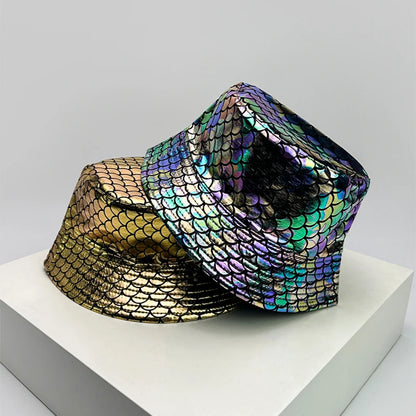 Holographic PU Leather Bucket Hat – Reflective Unisex Fisherman Cap