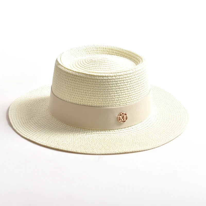 Women's Straw Sun Hat Flat Brim Ribbon Beach Hat