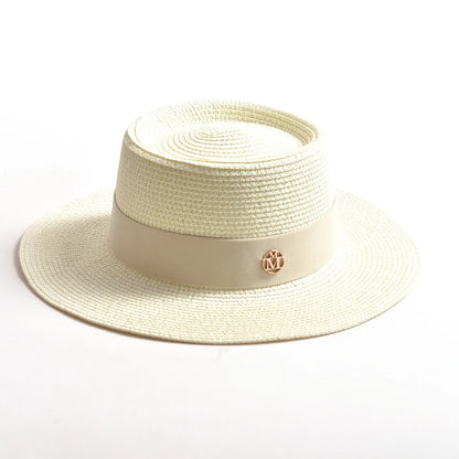 Women's Straw Sun Hat Flat Brim Ribbon Beach Hat