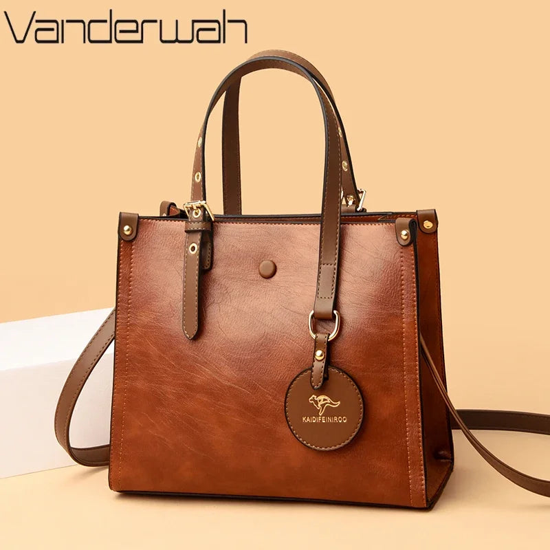 Vintage Leather Tote Bag for Women – 3-Layer Luxury Handbag