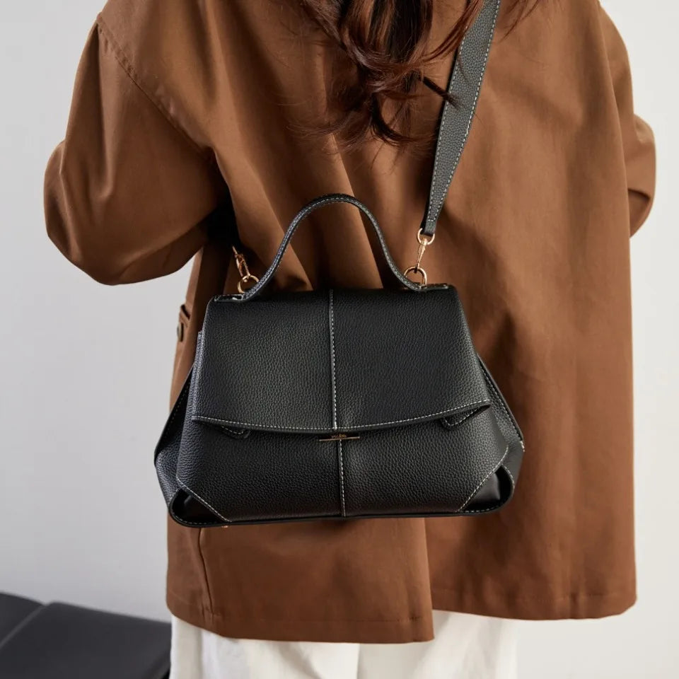 Pebbled Leather Flap Satchel Bag 2 Layers