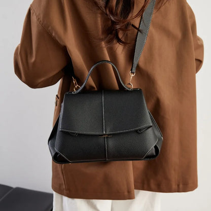Pebbled Leather Flap Satchel Bag 2 Layers