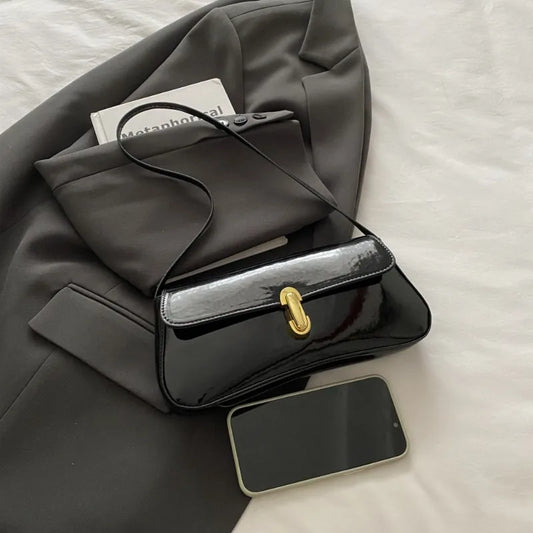 Patent Leather Baguette Bag Women's Shoulder Bag Gold Clasp