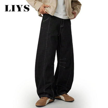Contrast Stitch Baggy Wide Leg Black Jeans – Deconstructed Streetwear Denim