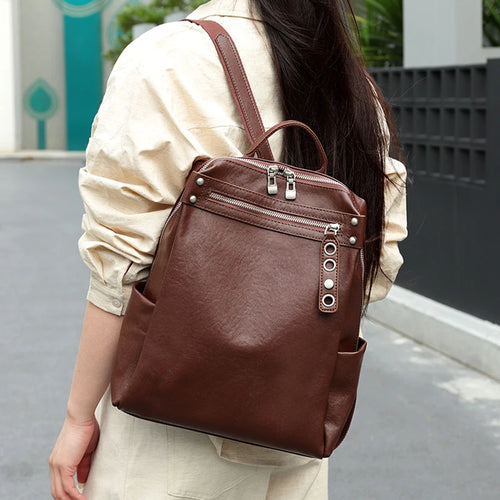 Genuine Cowhide Leather Backpack – Large Capacity Retro