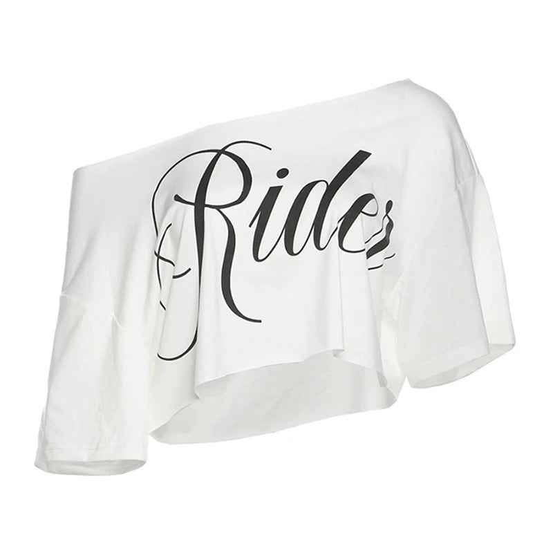 Off-Shoulder Letter Print Crop Top – Loose Fit Streetwear Tee