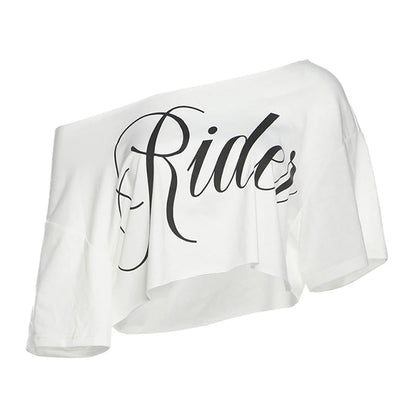 Off-Shoulder Letter Print Crop Top – Loose Fit Streetwear Tee