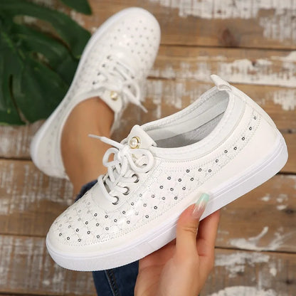 Women's Floral Lace Sneakers – Rhinestone Lace-Up Casual Flat Shoes