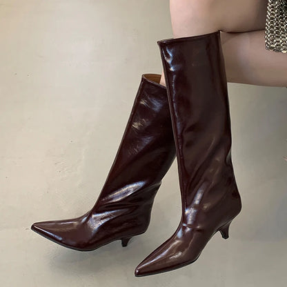Women's Pointed Toe Kitten Heel Knee-High Boots