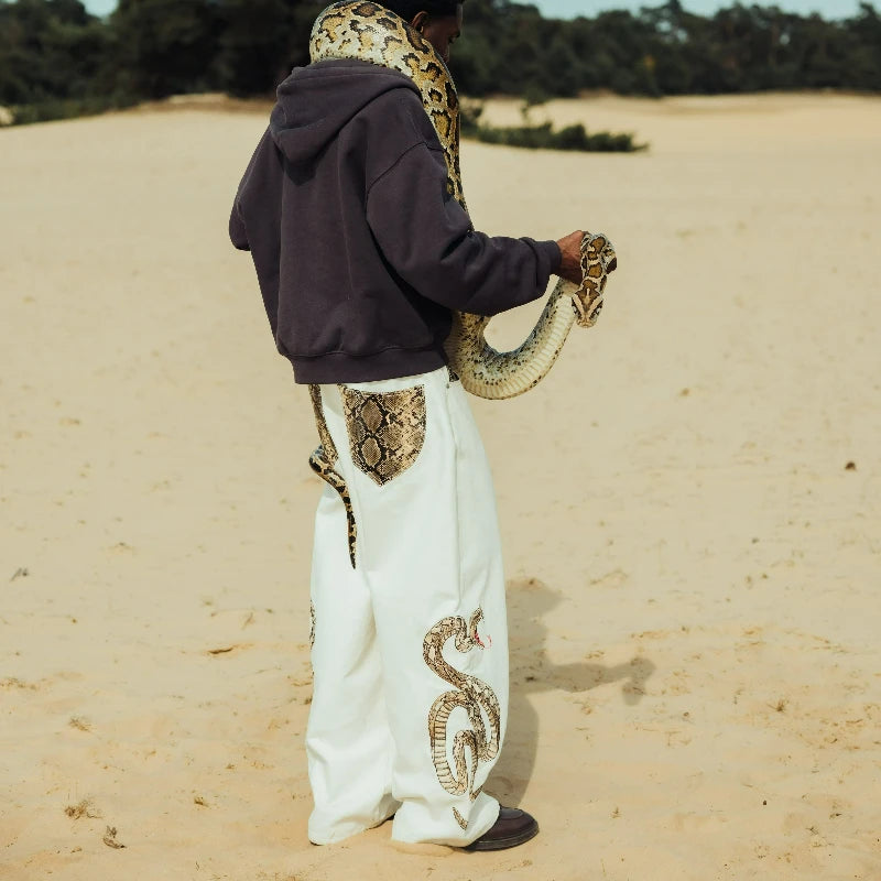 Y2K Snake Embroidery White Baggy Jeans – Unisex Wide Leg Denim