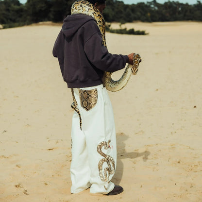 Y2K Snake Embroidery White Baggy Jeans – Unisex Wide Leg Denim