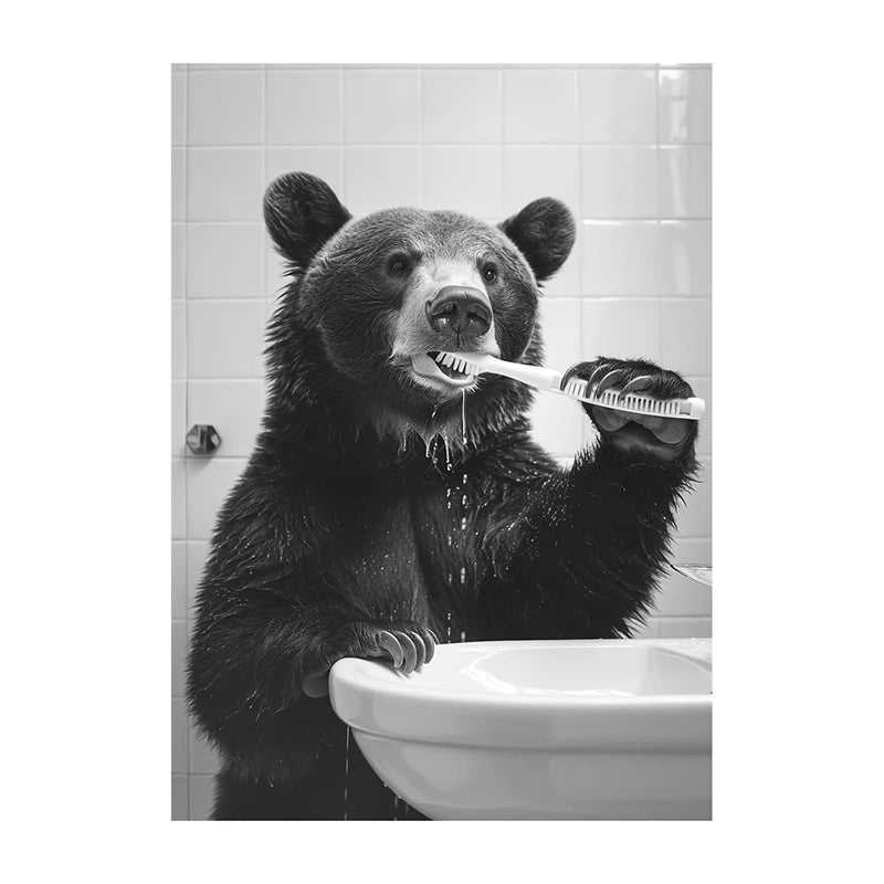 Funny Animal Bathroom Wall Art Poster – Black & White Vintage Print