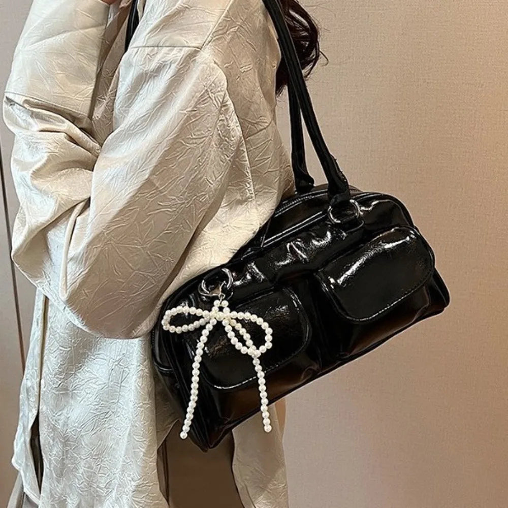 Solid Sewing Thread Fashion Glossy PU Shoulder Bags