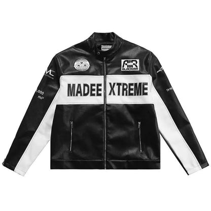 Color Block Motorcycle Leather Jacket – Retro Embroidered Biker Coat
