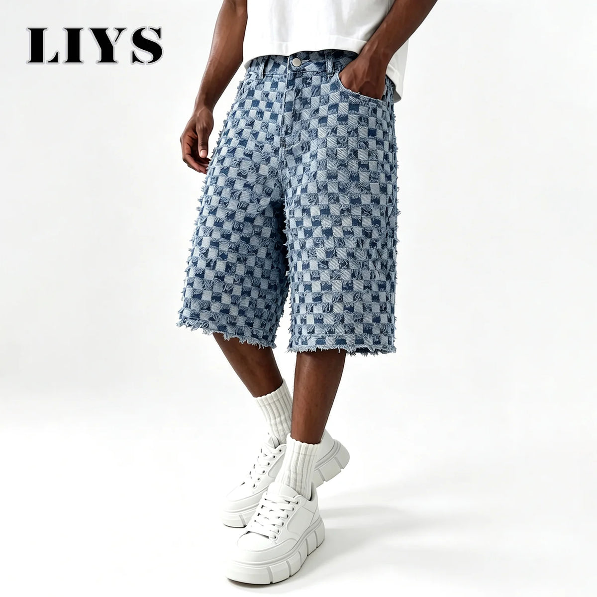 Men's Checkerboard Fringe Denim Shorts – Loose Wide Leg