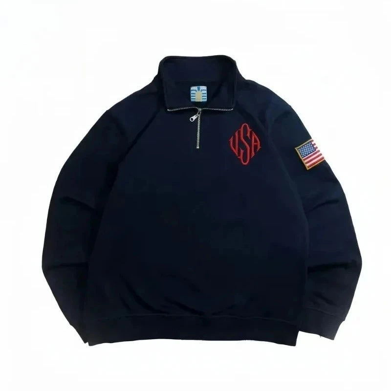 Men's Quarter-Zip Sweatshirt USA Embroidered Patch – Harajuku Y2K Vintage Pullover