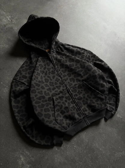 Y2K Leopard Print Zip-Up Hoodie – Unisex Oversized Sweatshirt