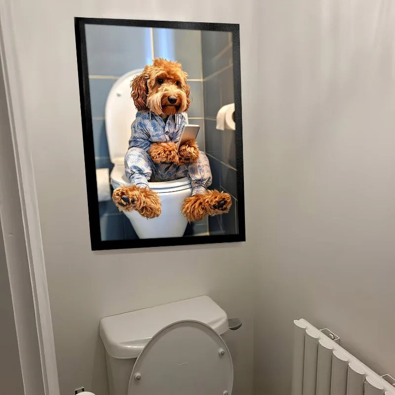 Funny Dog Bathroom Poster – Dog Reading Newspaper on Toilet Wall Art