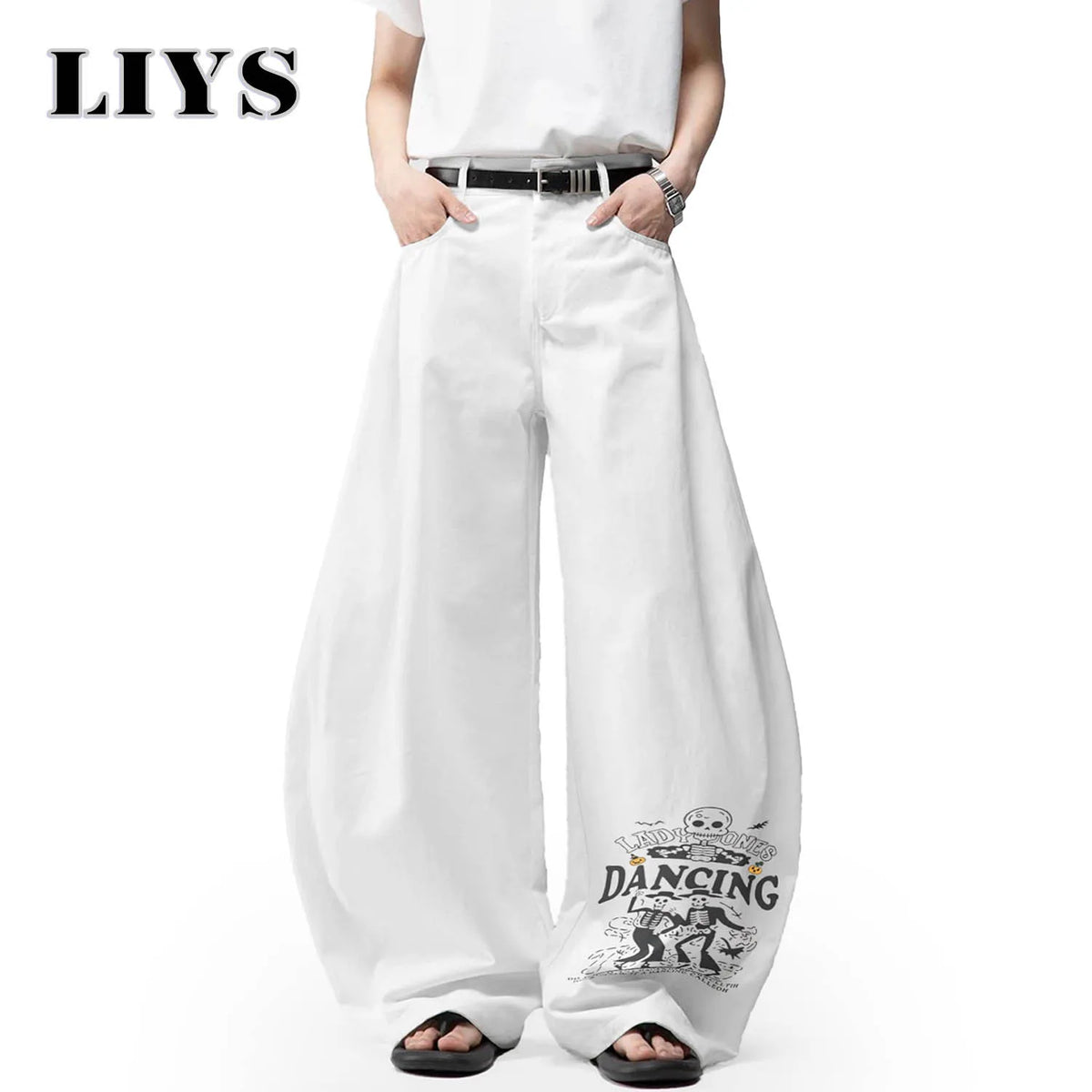 Wide Leg Baggy Jeans Men – Skeleton Dancing Print White Denim