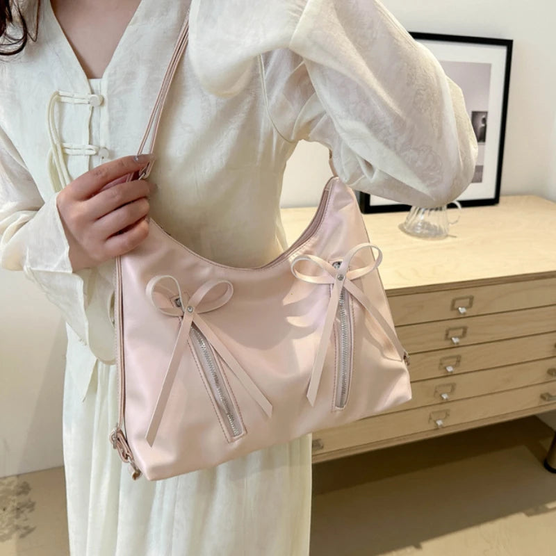 Silver Small Bow Pu Leather Shoulder Bags
