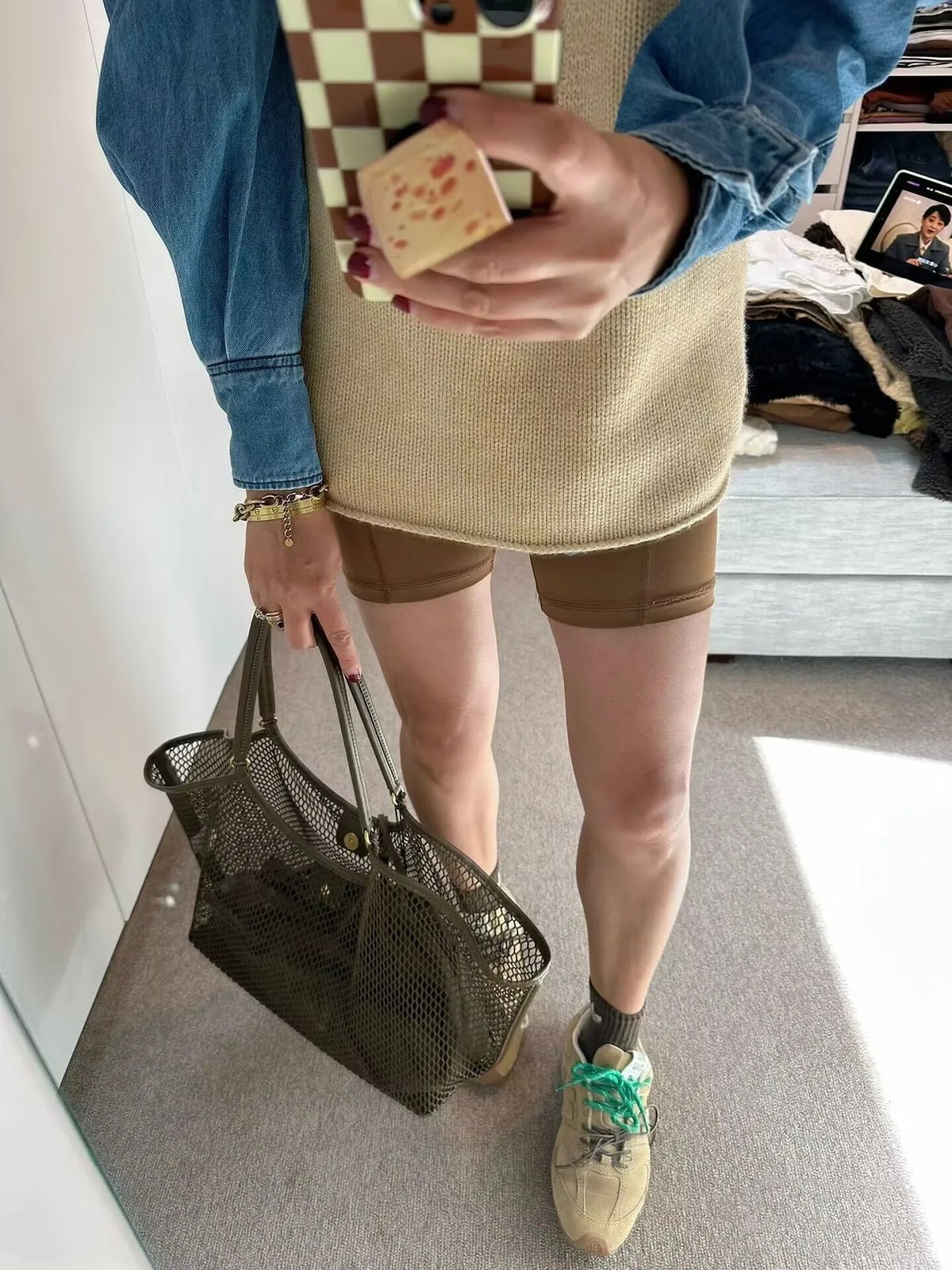 Large Mesh Tote Bag with Leather Trim – Women's Roomy Shoulder Bag