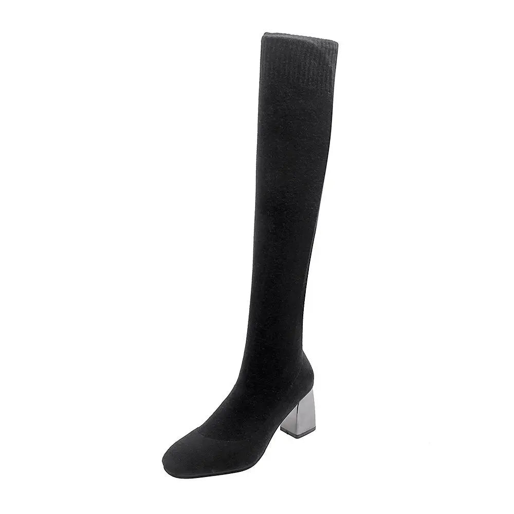 Women's Over-the-Knee Knit Boots – Elastic Block Heel