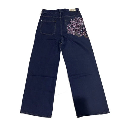 Y2K Embroidered Jeans – Floral Koi Streetwear Denim