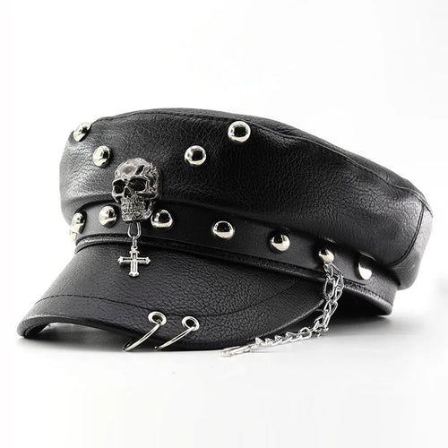 Punk PU Leather Military Beret with Skull Rivets & Chain
