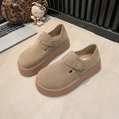 Women's Platform Suede Loafers with Buckle Strap