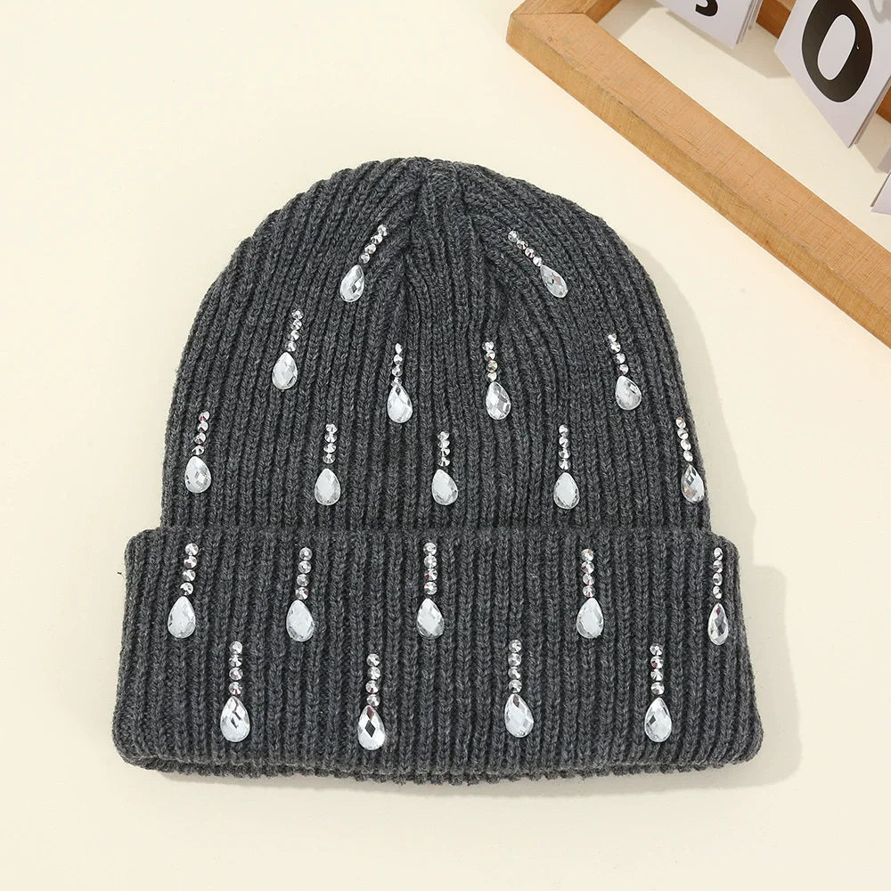 Rhinestone Knit Beanie for Women – Crystal Embellished Winter Hat