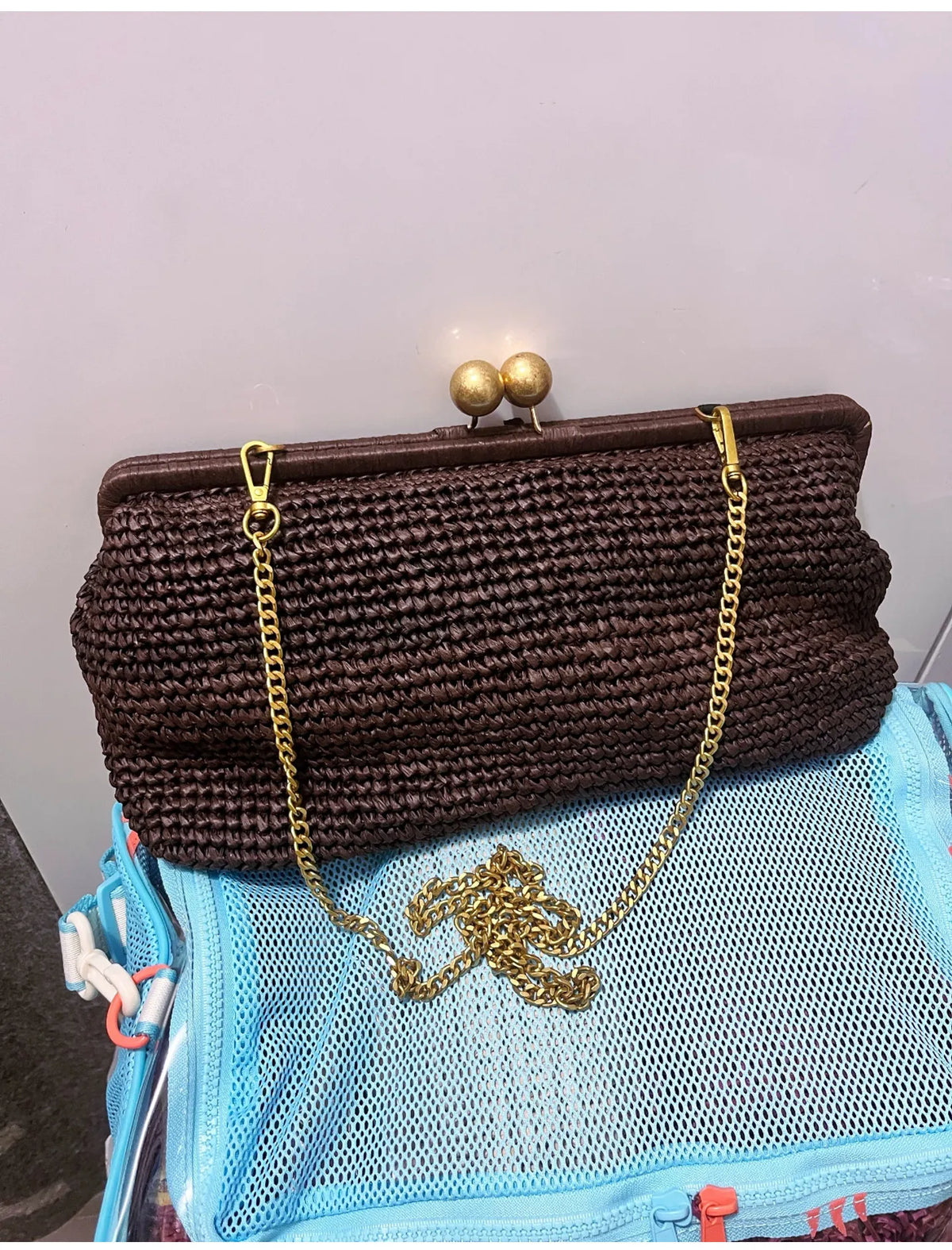 Woven Straw Clutch Bag – Gold Chain Shoulder Bag for Women