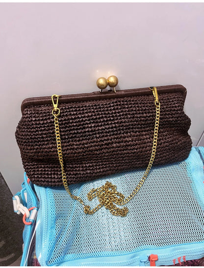 Woven Straw Clutch Bag – Gold Chain Shoulder Bag for Women