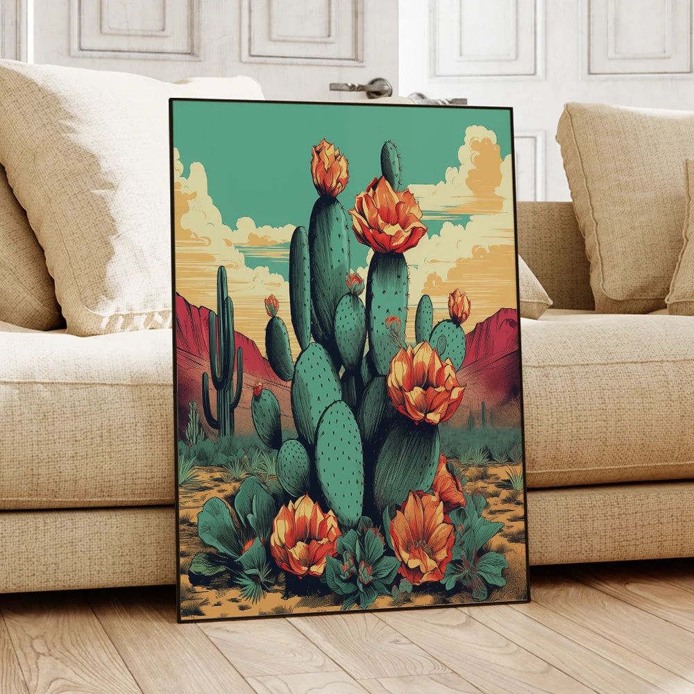 Desert Cactus Sunset Wall Art Canvas Poster – Flowering Southwest Print