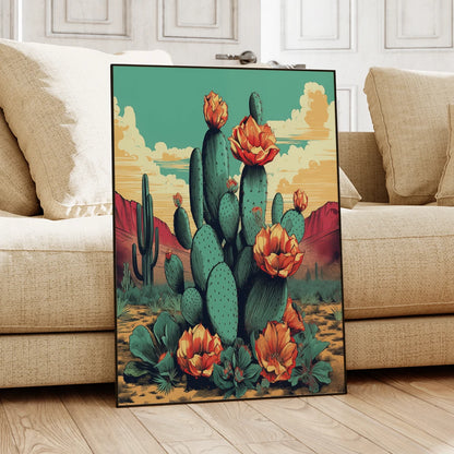 Desert Cactus Sunset Wall Art Canvas Poster – Flowering Southwest Print
