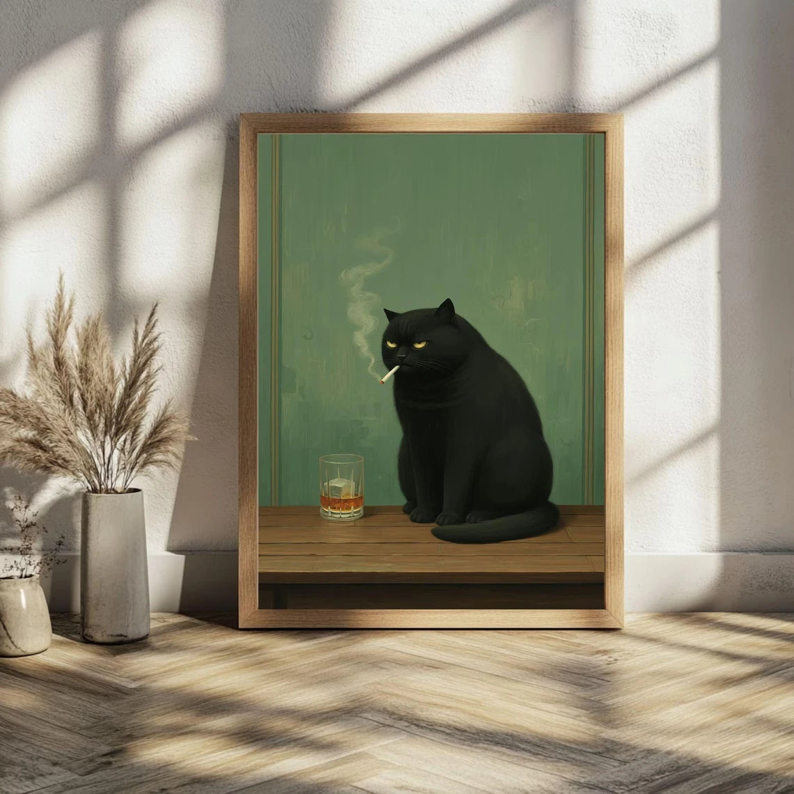 Moody Black Cat Smoking Whiskey Wall Art Canvas Poster