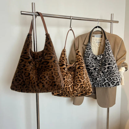 Leftside Soft Warm Faux Fur Leopard Shoulder Bags Women Winter Korean Handbags Trend Hobo Bag - Soft