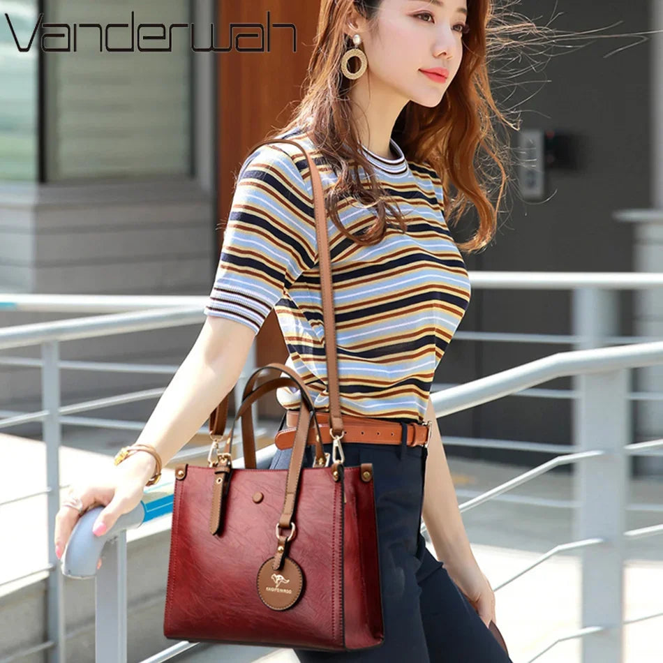 Vintage Leather Tote Bag for Women – 3-Layer Luxury Handbag
