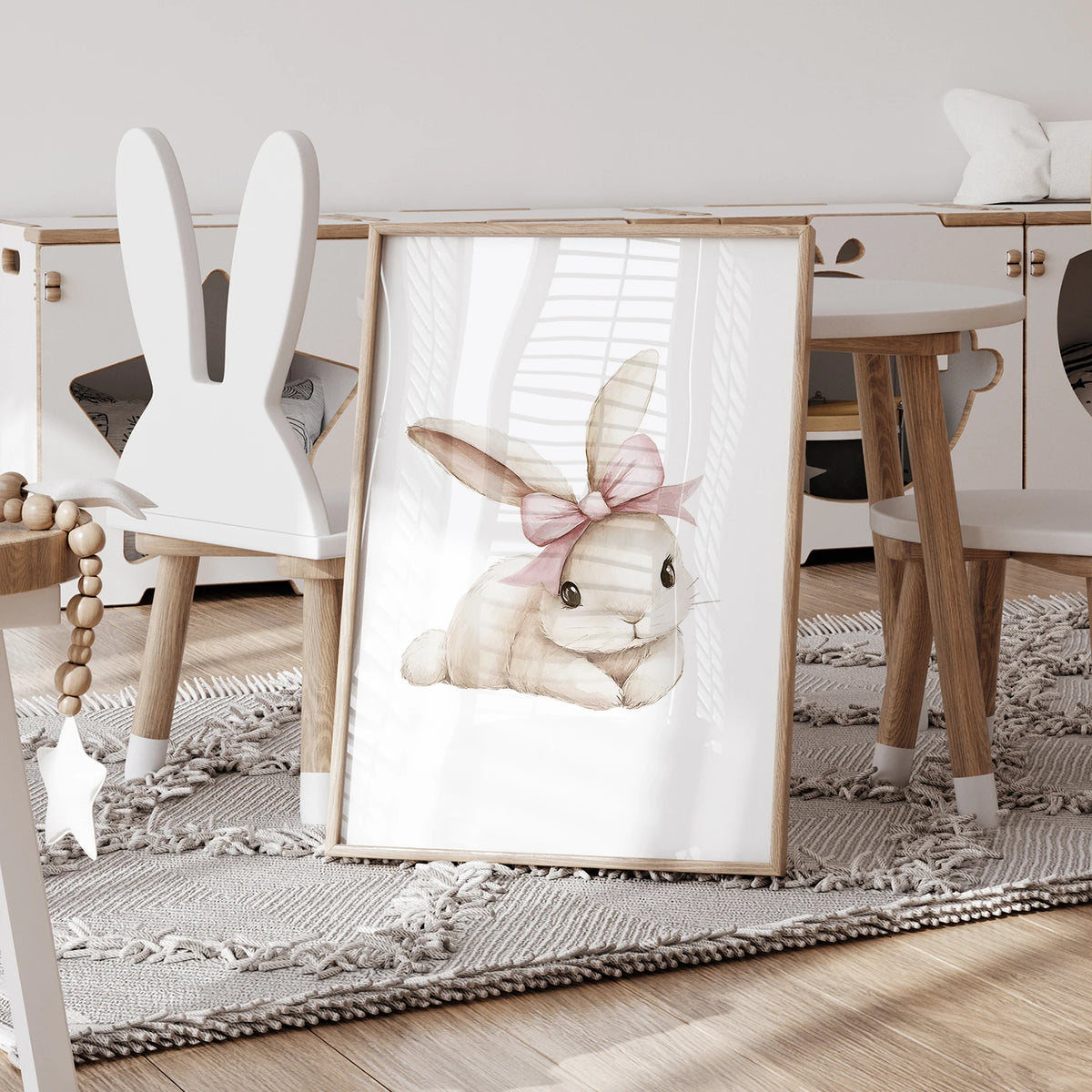Pink Bow Bunny Wall Art Print – Kids Room Nursery Poster