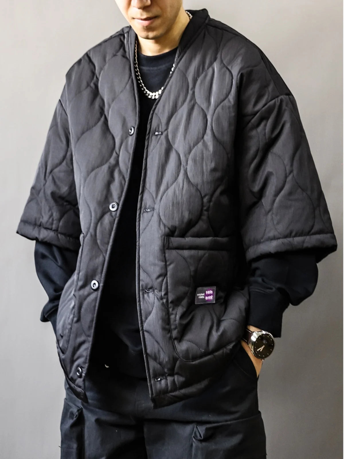 Quilted Padded V-Neck Jacket Men Short Sleeve Harajuku Streetwear