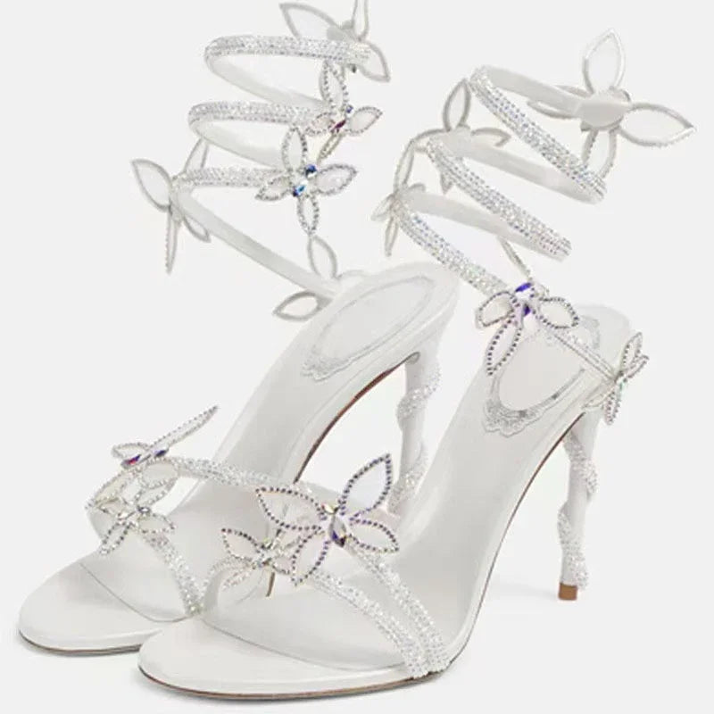 Eilyken Crystal Butterfly Wrap Ankle Strap Stiletto Sandals – Women's Open Toe Heels