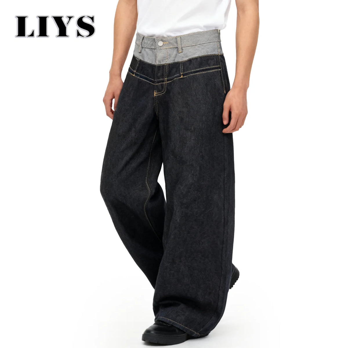 Men S Retro Personalized Double Waist Design Loose Wide Leg Jeans Street Denim Pants Gothic Baggy