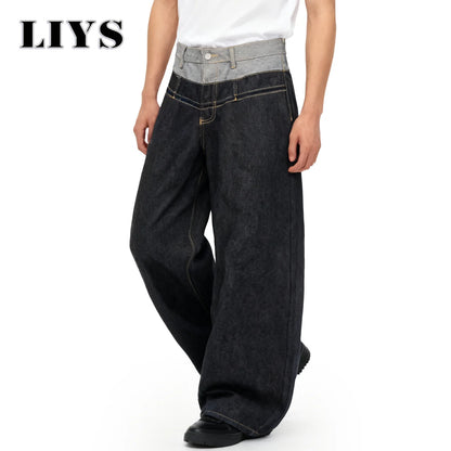 Men S Retro Personalized Double Waist Design Loose Wide Leg Jeans Street Denim Pants Gothic Baggy